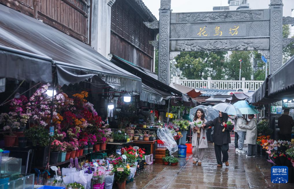 浙江嘉兴:月河古街迎来春日鲜花消费季